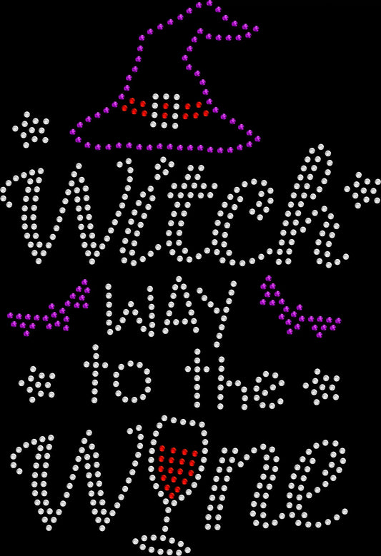 Witch Way to the Wine shirt featuring a funny witch and wine-themed Halloween saying decorated with premium glass rhinestones or holographic spangles. Sparkling spooky season apparel for Halloween parties, wine nights, girls' nights, costume parties, happy hour, fall festivals, and October celebrations.