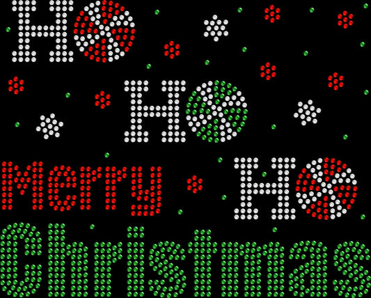 Ho Ho Ho Merry Christmas shirt featuring a festive Santa-inspired holiday message in sparkling glass rhinestones or holographic spangles.