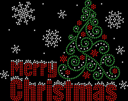 Snowy Merry Christmas Tree shirt featuring a sparkling snow-covered Christmas tree design made with premium glass rhinestones or holographic spangles. Ideal for Christmas parties, holiday gatherings, family photos, Christmas morning, decorating the tree, winter vacations, and festive holiday apparel. 🎄❄️✨