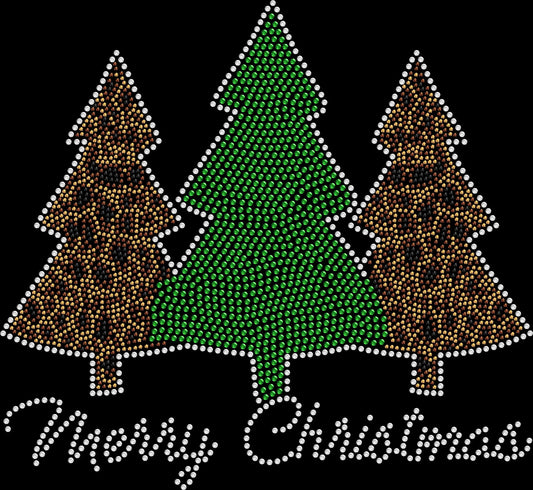 Sparkling Merry Christmas cheetah trees shirt with leopard-print holiday details in premium rhinestones or colorful holographic spangles.