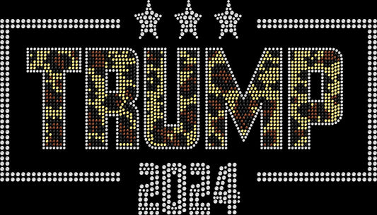 Sparkling rhinestone Leopard Trump 2024 shirt on a black t-shirt, patriotic cheetah print bling tee for women with bold statement design.