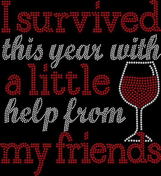 I survived this year wine rhinestone shirt with sparkling lettering on unisex tee, funny wine lover shirt for women, humorous drinking themed bling apparel