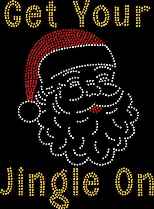 Get Your Jingle On Santa Face shirt featuring a cheerful Santa Claus design created with premium glass rhinestones or holographic spangles. Ideal for Christmas parties, holiday gatherings, family photos, cookie exchanges, Christmas shopping, winter events, and festive seasonal apparel. 🎅🔔🎄✨