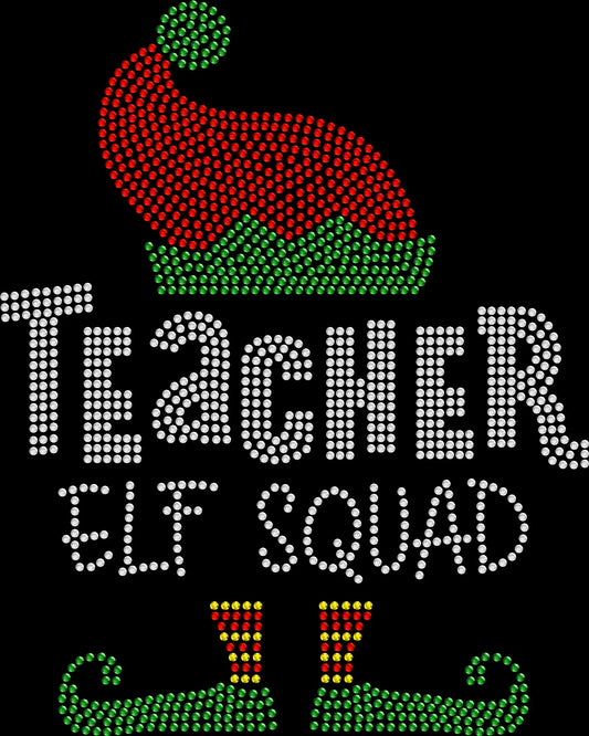 Teacher Elf Squad Christmas shirt featuring a festive holiday design created with premium glass rhinestones or holographic spangles. Ideal for teachers, librarians, principals, paraprofessionals, classroom parties, school holiday events, spirit week, faculty celebrations, and festive Christmas apparel. 🎄🧝✨