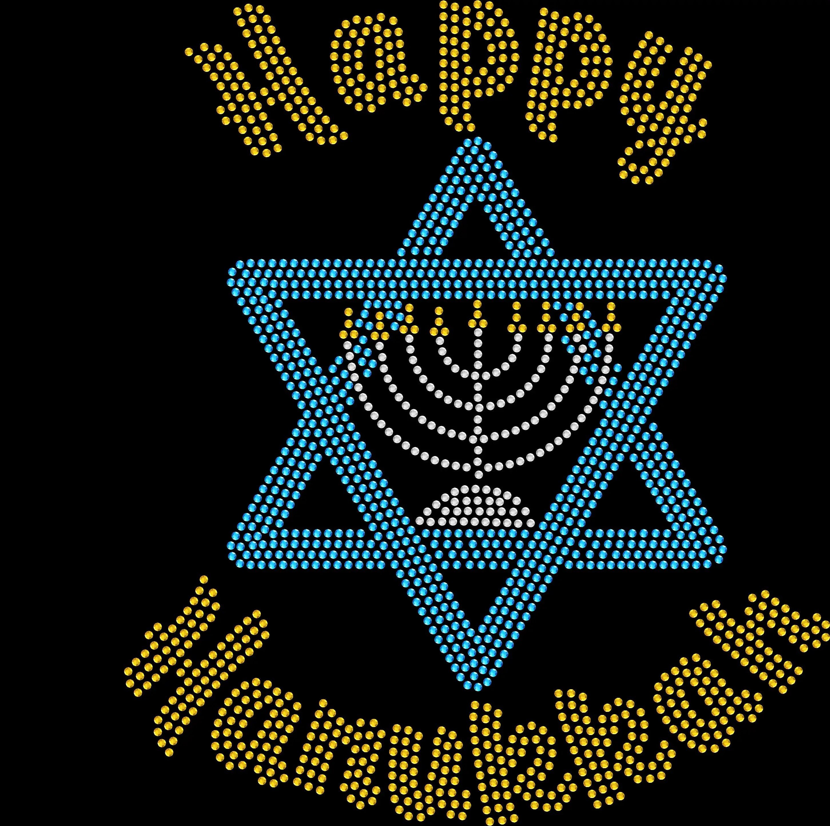 Happy Hanukkah shirt featuring a sparkling Star of David, menorah, and candle-inspired design created with premium glass rhinestones or holographic spangles. Festival of Lights apparel for menorah lighting, Hanukkah dinners, family gatherings, holiday parties, photos, school and community events, and all eight nights of celebration. 🕎✨💙✡️🕯️💎