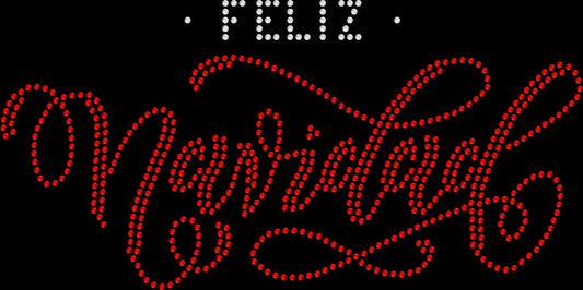 Feliz Navidad Christmas shirt for festive holiday celebrations, available in sparkling glass rhinestones or colorful holographic spangles.