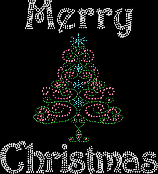 Sparkling Merry Christmas swirly tree shirt for holiday parties and family photos, available in premium rhinestones or colorful holographic spangles.