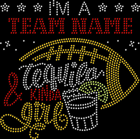 I’m a custom football team and tequila kind of girl rhinestone shirt featuring sparkling crystal lettering on a soft women’s tee, perfect for football games, tailgating, and bold game-day style.