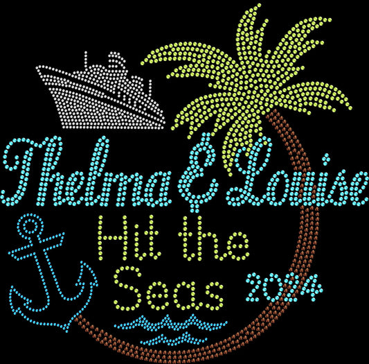Celebrate your girls trip in style with this Thelma and Louise Hit the Seas rhinestone cruise shirt. Perfect for best friend vacations and matching cruise outfits.