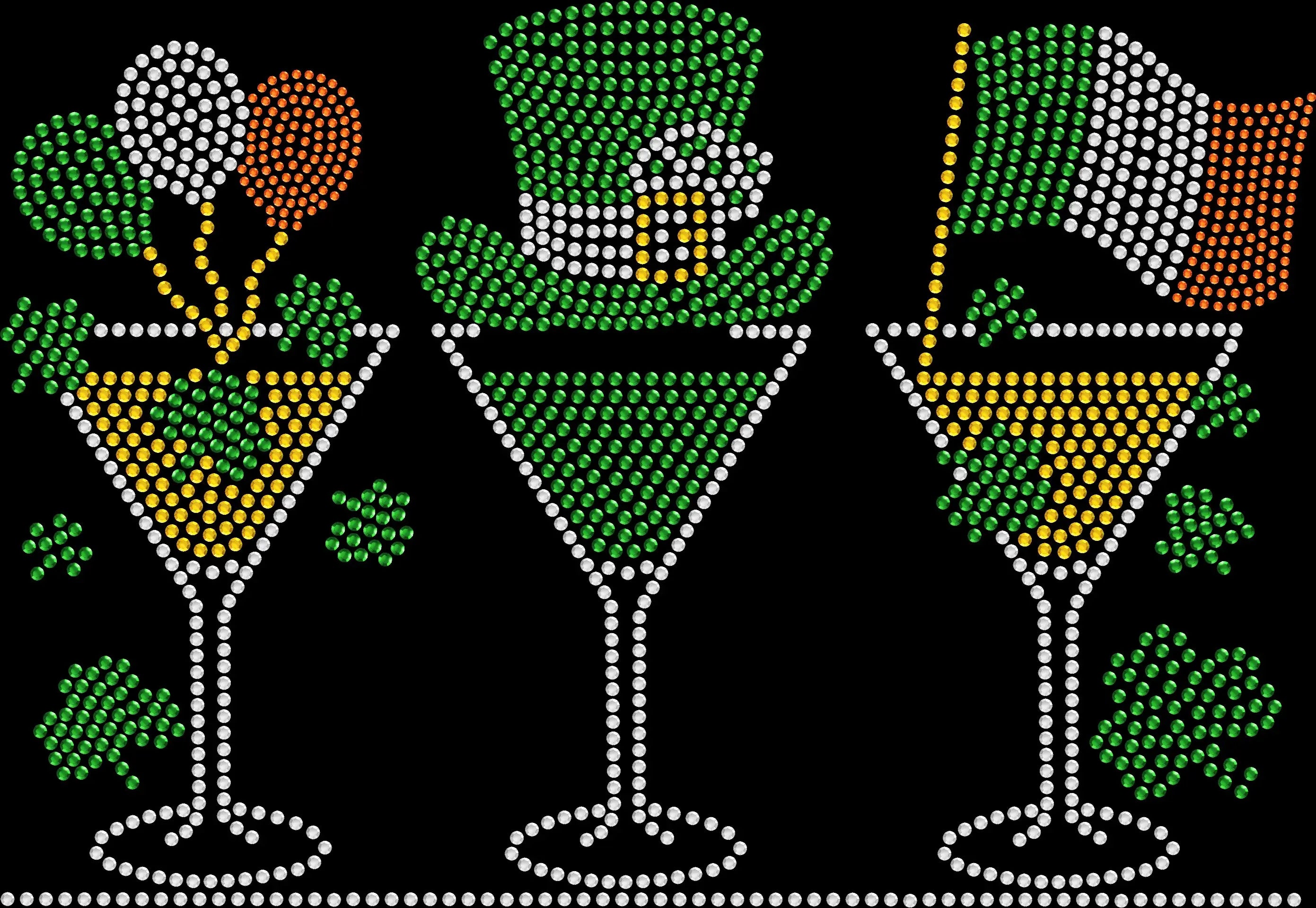 Sparkly rhinestone St Patrick’s Day shirt with three martini glasses Irish flag and leprechaun hat bling tee for women
