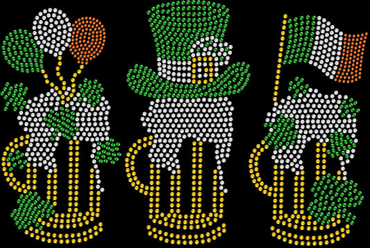 Sparkly rhinestone St Patrick’s Day shirt with three beer glasses Irish party bling tee for women