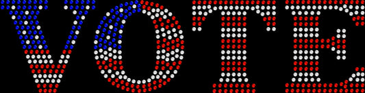 Sparkly rhinestone shirt that says “VOTE” with an American flag design in red white and blue bling on a soft cotton unisex t-shirt, perfect for election season, patriotic events, and civic pride outfits.