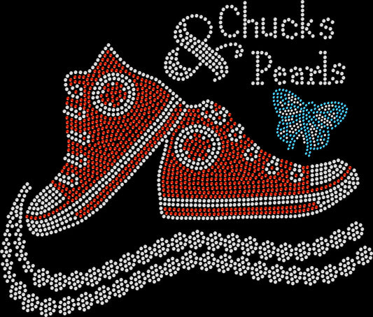 Chucks and Pearls shirt featuring a stylish sneaker and pearl-inspired design created with premium glass rhinestones or holographic spangles. Sparkling women's statement apparel perfect for brunches, girls' trips, ladies' gatherings, weekend getaways, group events, sneaker lovers, and pearl-inspired style. 👟🤍✨💎💕
