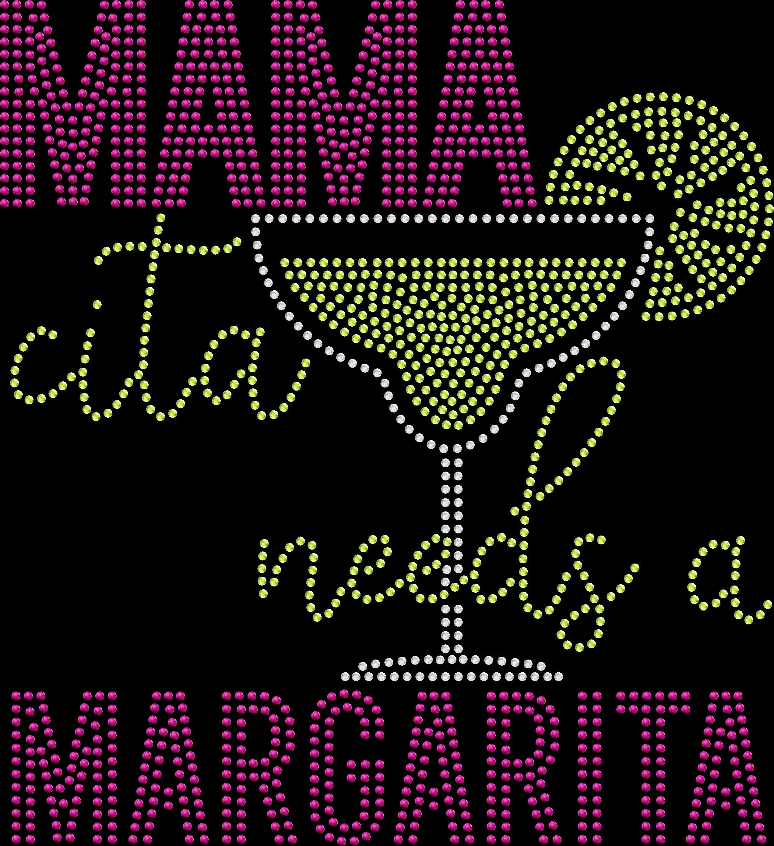 Sparkling rhinestone shirt that reads “MAMAcita Needs a Margarita” on a black t-shirt, funny margarita themed bling tee perfect for Cinco de Mayo, taco night, or girls night out.