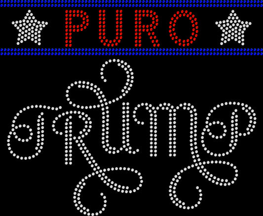 Sparkly rhinestone shirt that says “PURO Trump 2024” in bold bling lettering on a soft cotton unisex t-shirt, perfect for rallies, patriotic events, and statement outfits.