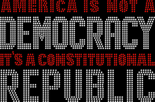 Sparkling rhinestone America is not a Democracy Constitutional Republic shirt on a black t-shirt, patriotic USA bling tee for women with bold statement design.