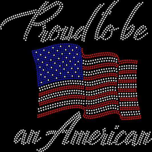 Sparkling rhinestone shirt that reads “Proud to Be an American” on a black t-shirt, patriotic bling tee for women perfect for 4th of July and summer celebrations.