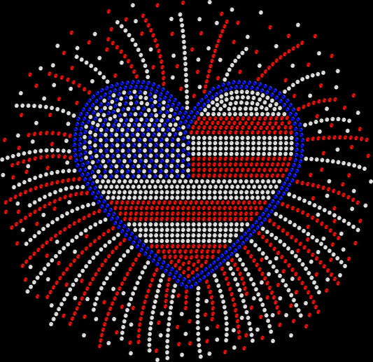 Flag heart firework rhinestone shirt with sparkling crystal design on a soft unisex tee, patriotic bling shirt for women, USA heart and fireworks themed apparel with high shine rhinestones