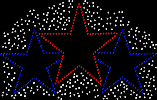 Sparkly rhinestone shirt featuring triple stars with firework design in red white and blue bling on a soft cotton unisex t-shirt, perfect for 4th of July and patriotic celebrations.