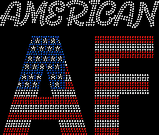 Sparkly rhinestone shirt that says “American AF” with an American flag design in red white and blue bling on a soft cotton unisex t-shirt, perfect for 4th of July and bold patriotic outfits.