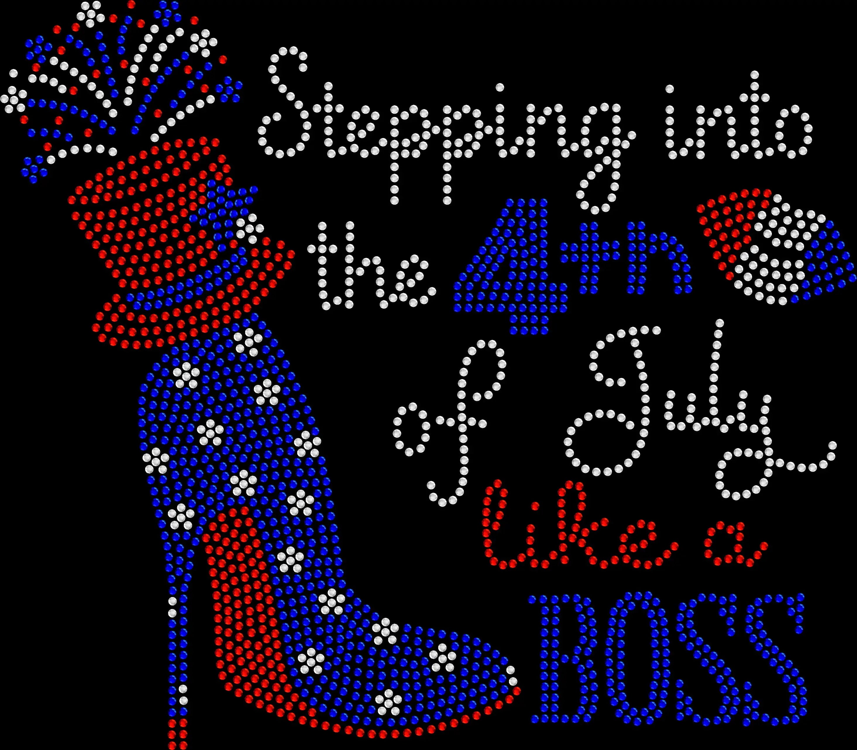 Sparkling rhinestone Stepping into 4th of July like a boss shirt on a black t-shirt, patriotic USA bling tee for women.