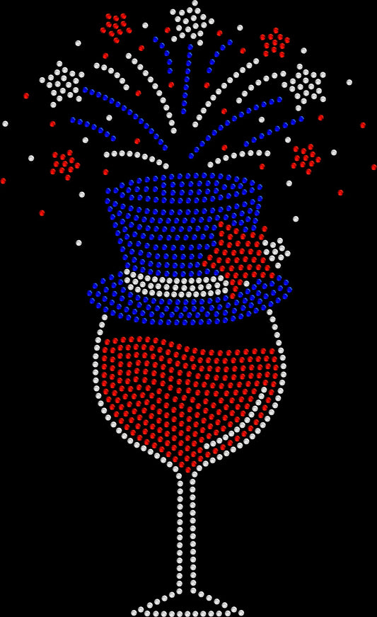 Sparkly rhinestone shirt featuring a 4th of July wine glass with hat and fireworks design in red white and blue bling on a soft cotton unisex t-shirt, perfect for patriotic parties and summer celebrations.