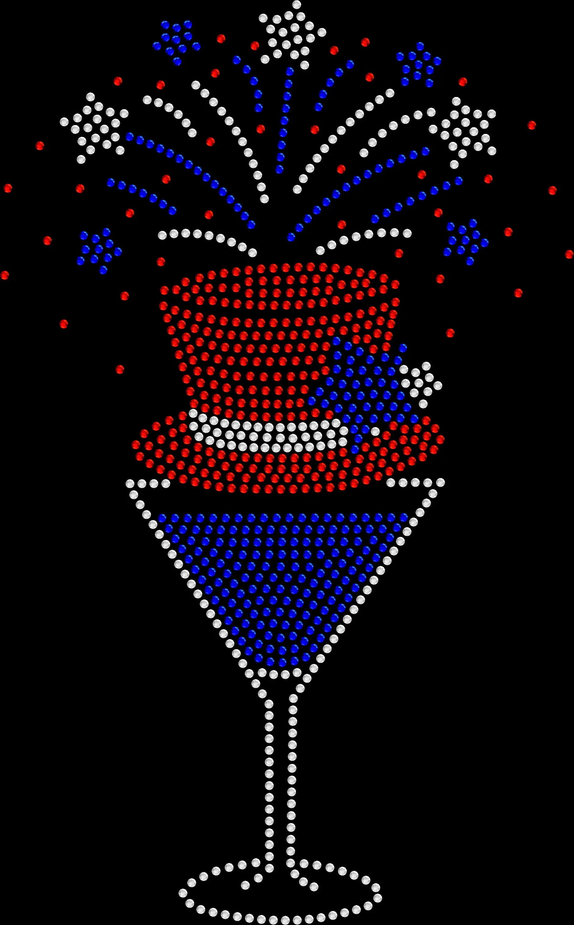 Sparkly rhinestone shirt featuring a 4th of July martini glass with hat and fireworks design in red white and blue bling on a soft cotton unisex t-shirt, perfect for patriotic parties and summer celebrations.