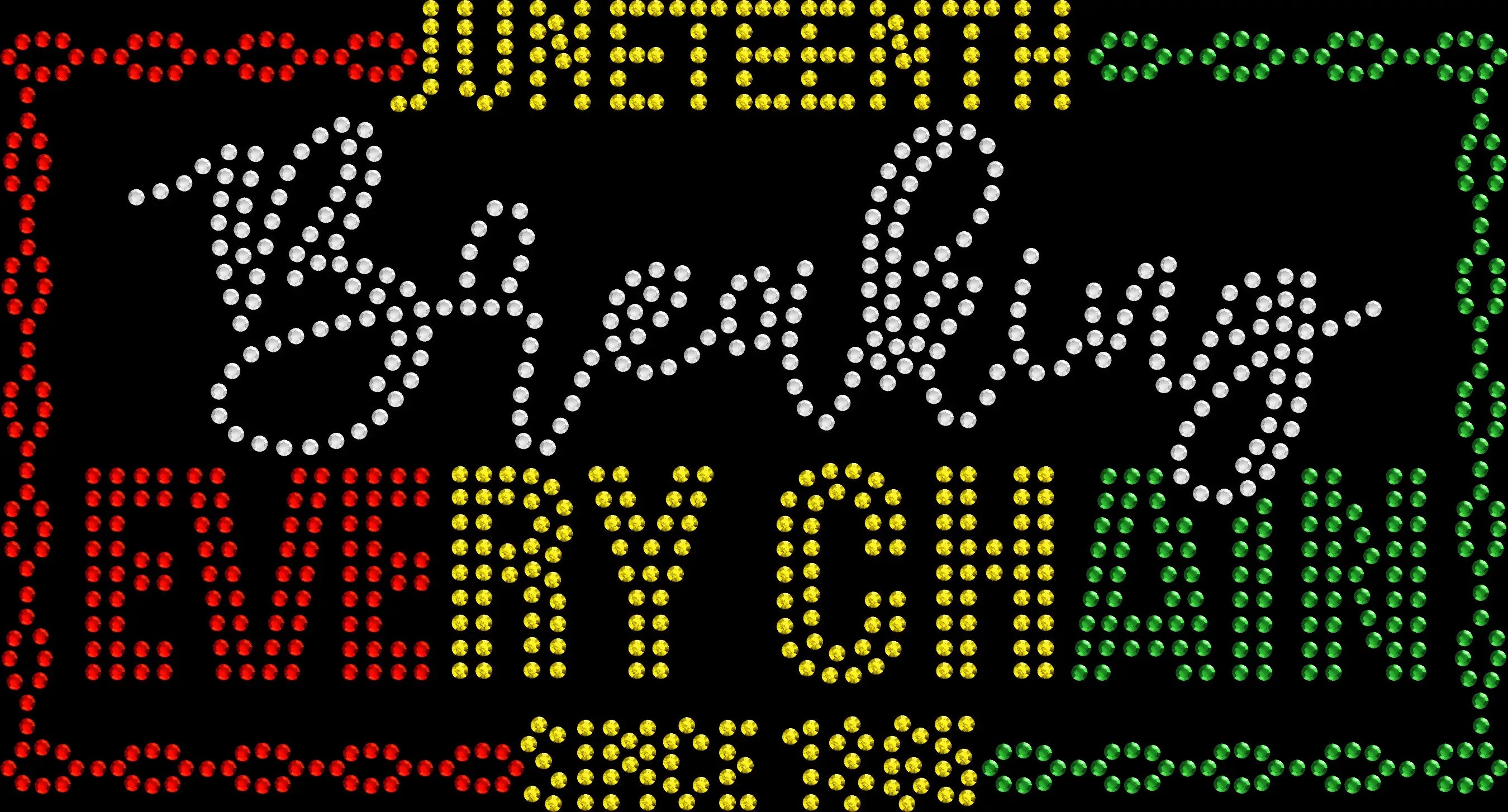 Juneteenth Breaking Every Chain rhinestone shirt featuring sparkling crystal rectangle empowerment design on a black tee, freedom and Black pride bling apparel