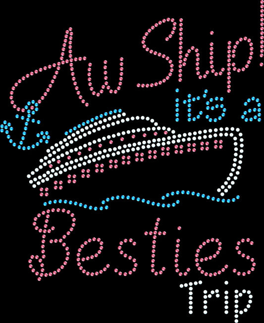 Celebrate your girls trip in style with this Aw Ship It’s a Besties Trip rhinestone cruise shirt. Perfect for matching vacation outfits and cruise memories.