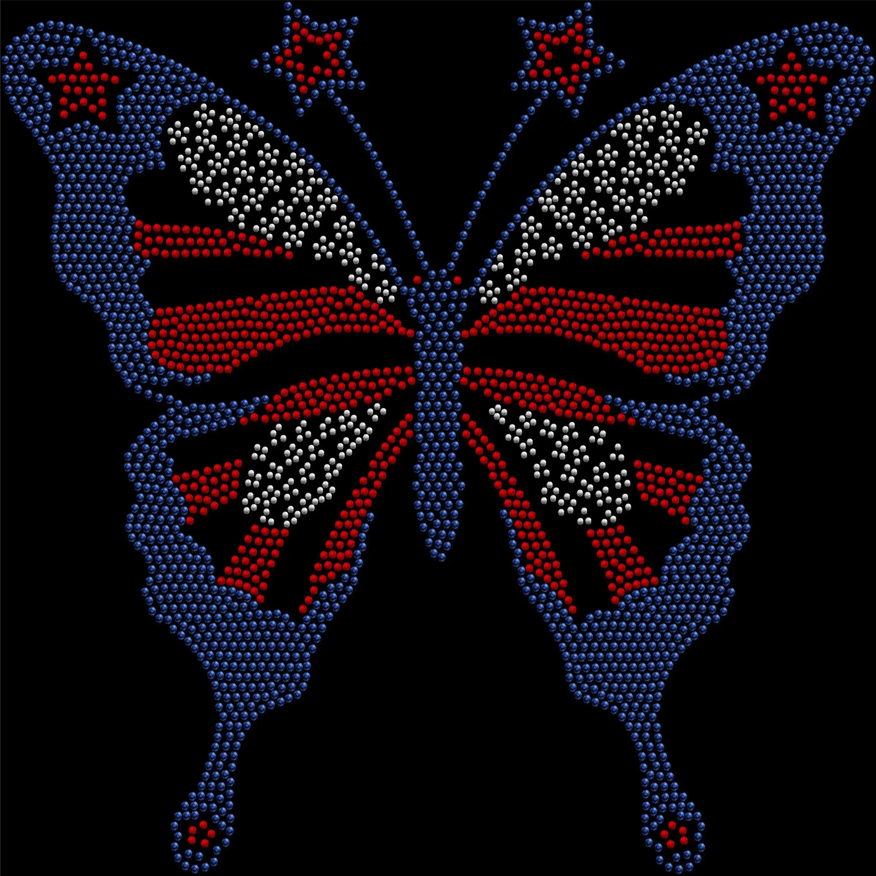 Sparkling rhinestone American flag butterfly shirt on a black t-shirt, patriotic bling tee for women with red white and blue butterfly design.