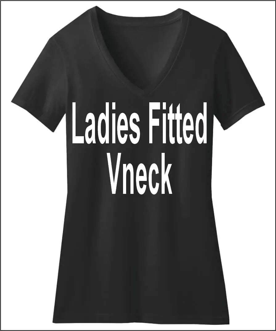A black t-shirt with white text that reads "Ladies Fitted Vneck".