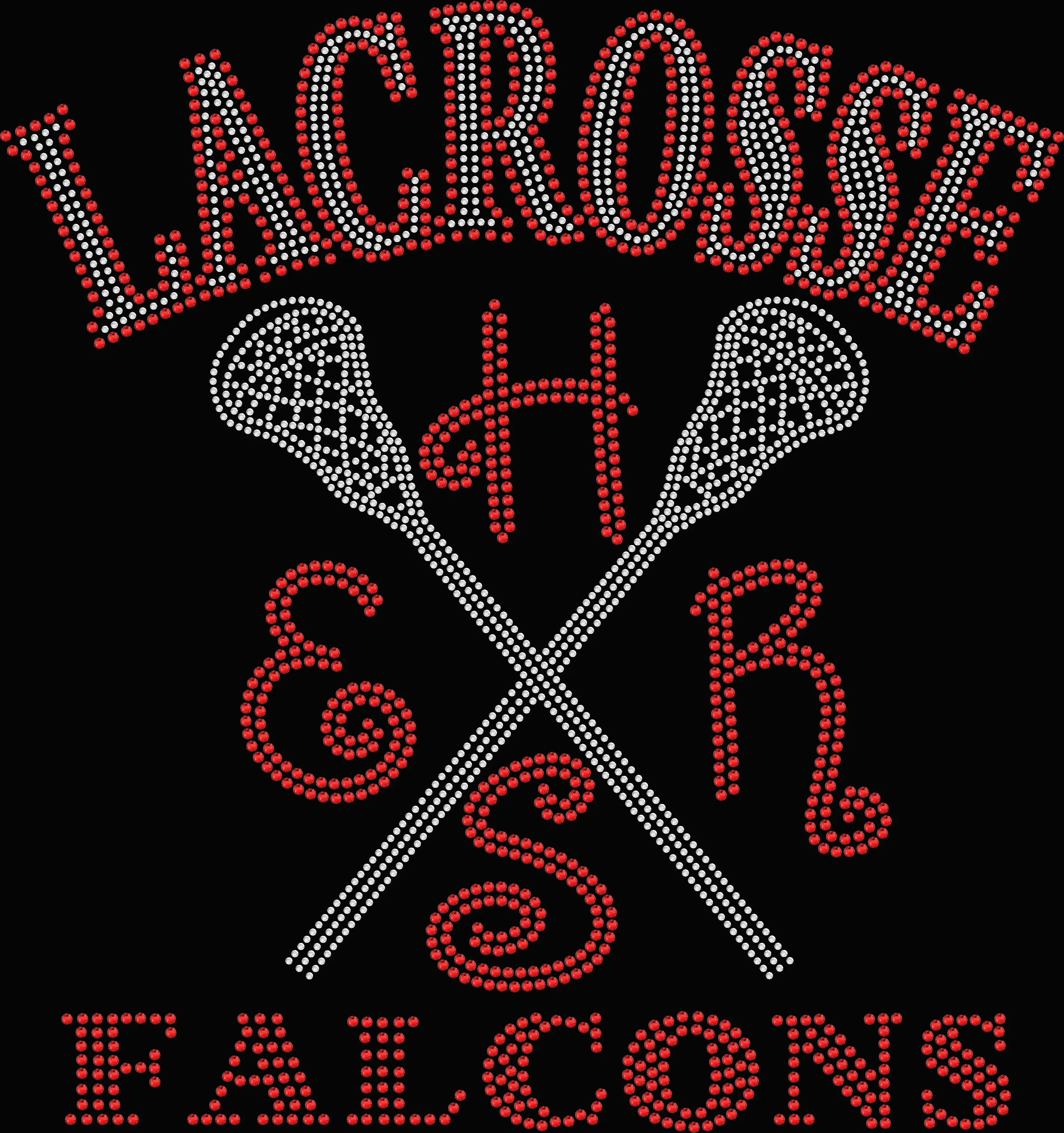 ERHS lacrosse rhinestone shirt featuring sparkling curved school initials in a classic athletic layout on a black tee, bling game day lacrosse school spirit apparel