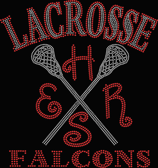 ERHS lacrosse rhinestone shirt featuring sparkling curved school initials in a classic athletic layout on a black tee, bling game day lacrosse school spirit apparel
