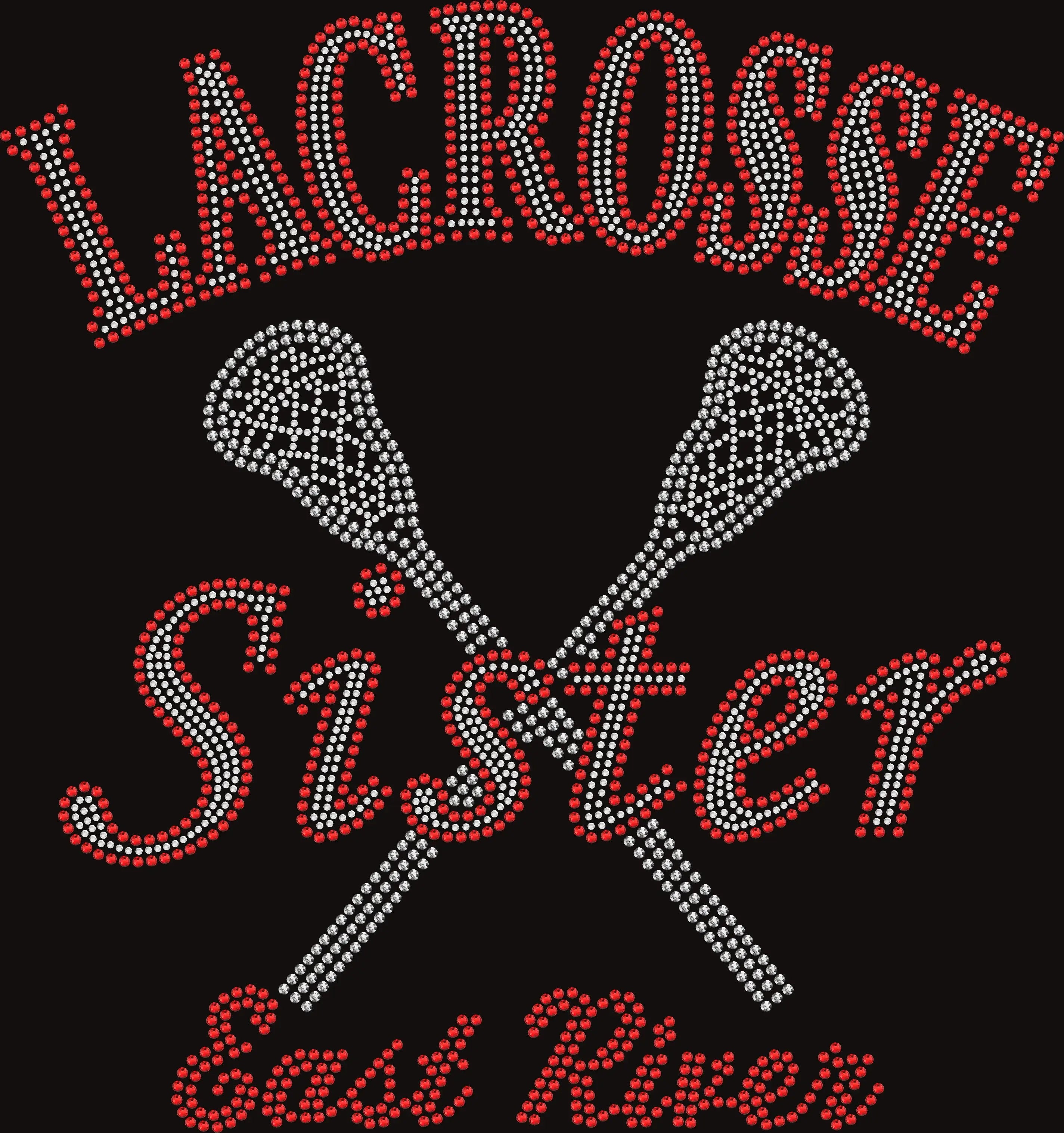 ERHS Lacrosse Sister rhinestone shirt featuring sparkling crystal lettering on a black tee, bling game day school spirit apparel for lacrosse sisters
