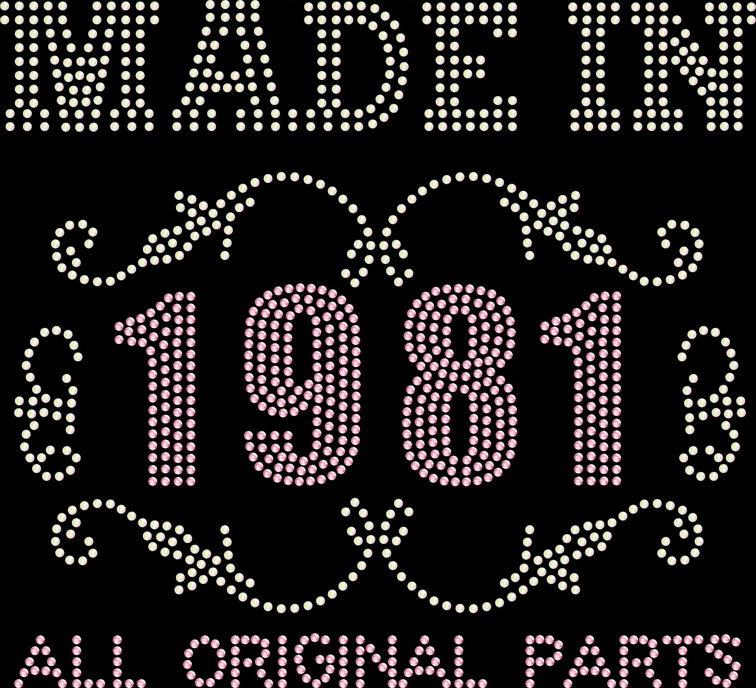 Made in 1981 All Original Parts rhinestone birthday shirt featuring a customizable birth year for milestone birthdays, birthday parties, cruises, vacations and personalized birthday gifts.