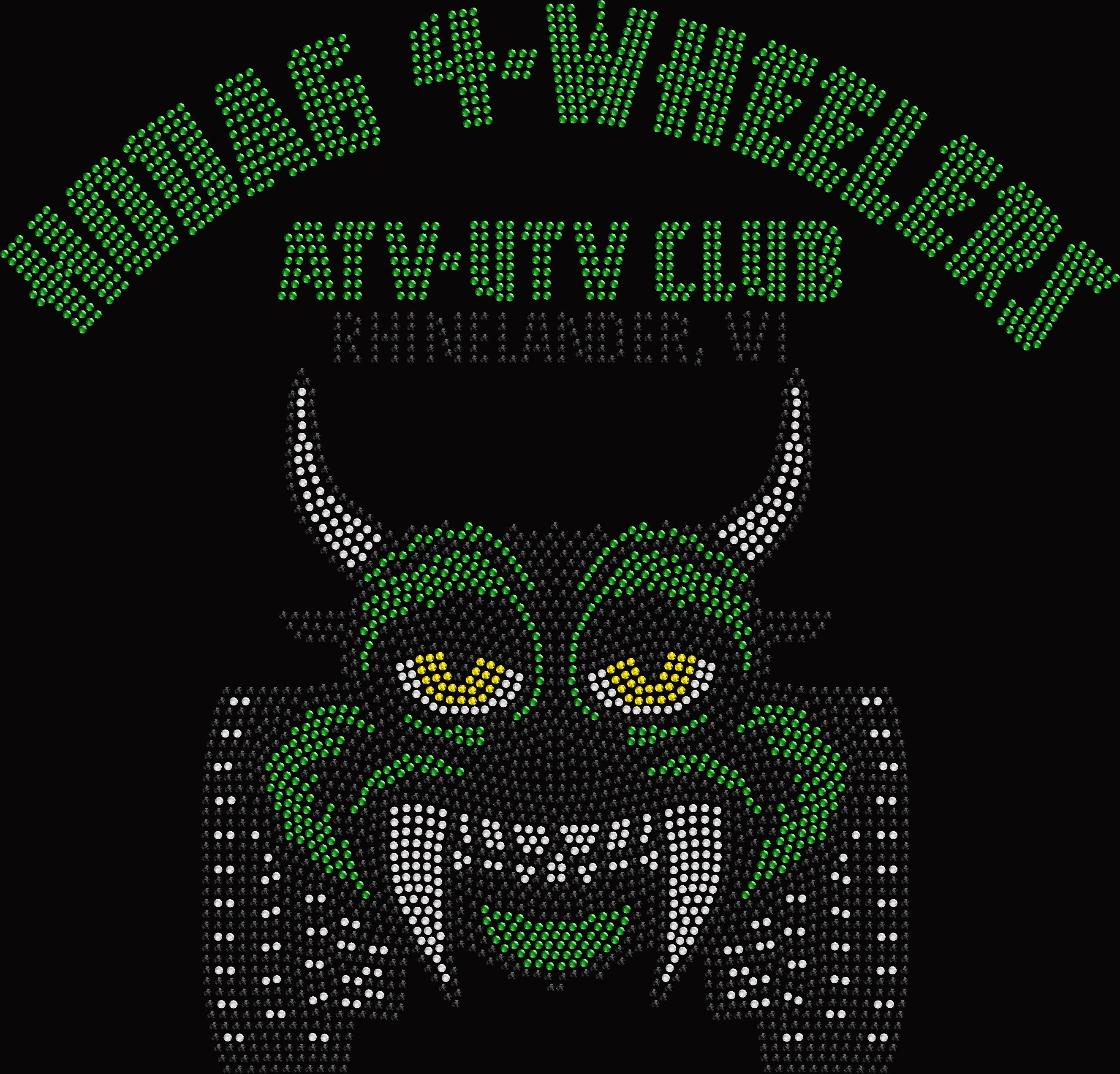 Hodag 4 Wheelers Club rhinestone shirt featuring a sparkling ATV and off-road inspired club design for four-wheeler riders, trail adventures, camping weekends, rallies, group photos and club events.