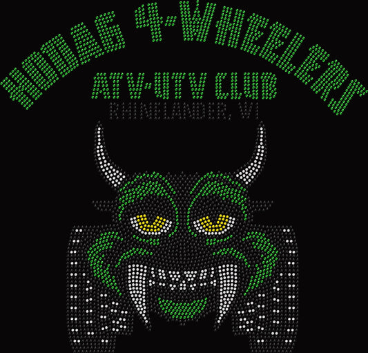 Hodag 4 Wheelers Club rhinestone shirt featuring a sparkling ATV and off-road inspired club design for four-wheeler riders, trail adventures, camping weekends, rallies, group photos and club events.