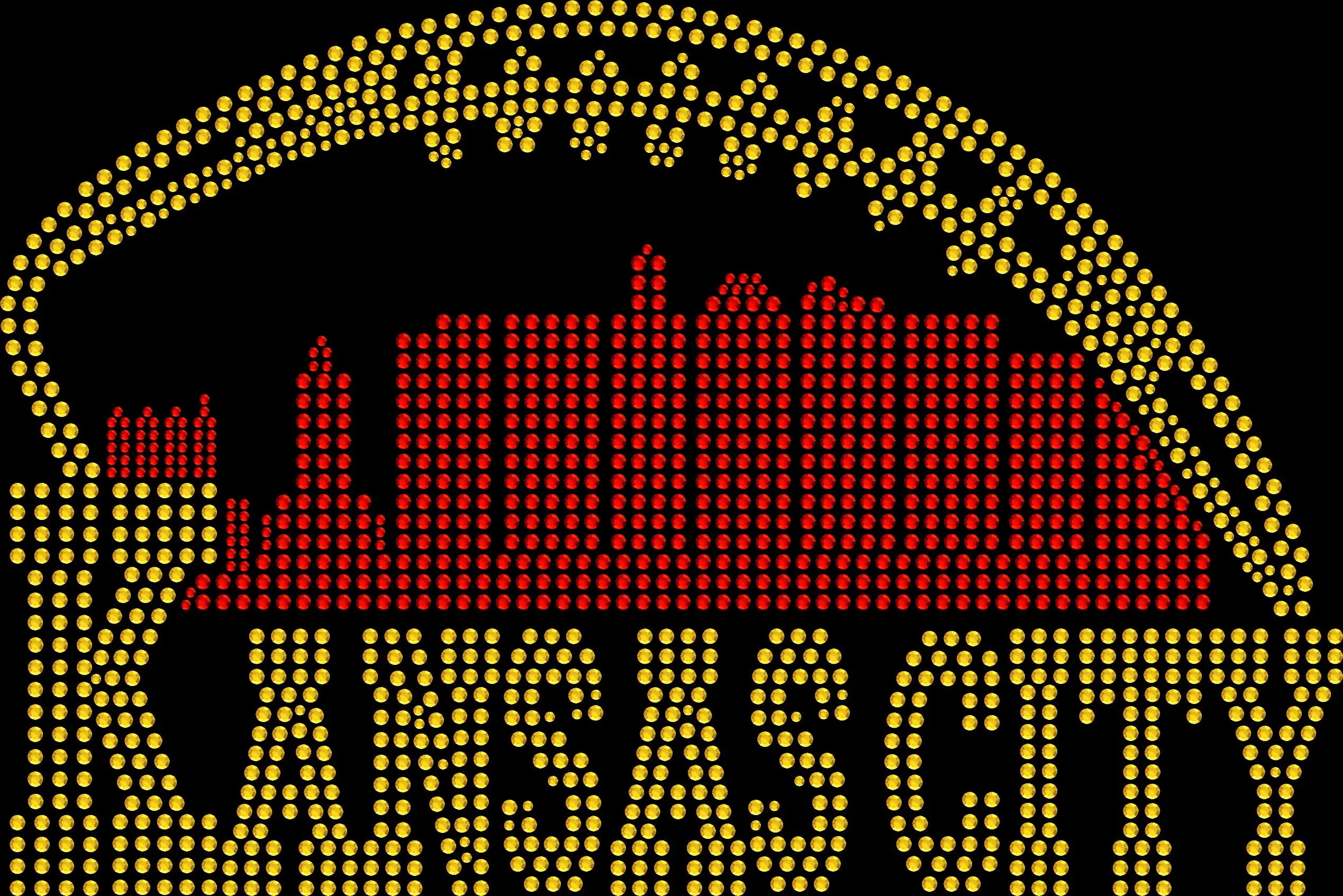 Kansas City football rhinestone shirt featuring a sparkling city skyline and football-inspired design in red and gold for game days, stadium trips, tailgates, watch parties and Kansas City football fans.