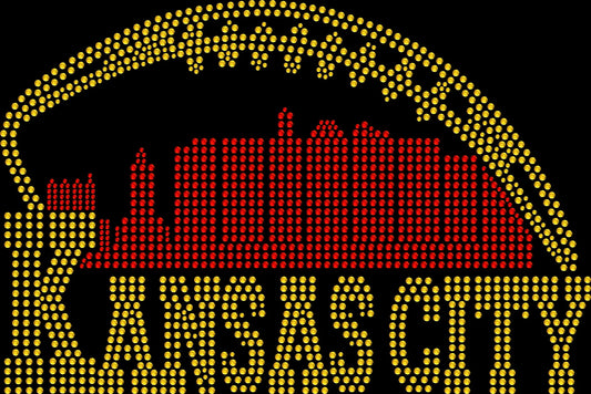 Kansas City football rhinestone shirt featuring a sparkling city skyline and football-inspired design in red and gold for game days, stadium trips, tailgates, watch parties and Kansas City football fans.