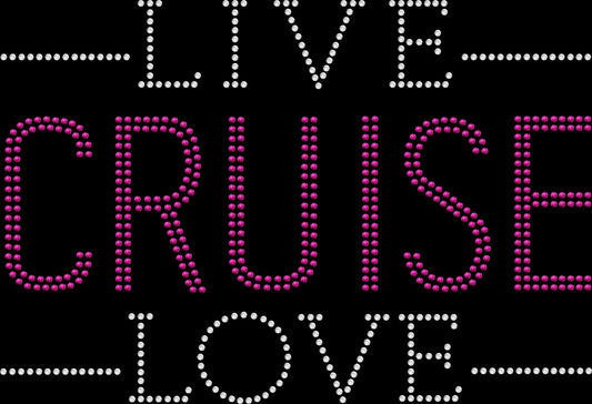 Show your love for cruising with this Live Love Cruise rhinestone shirt. Perfect for vacations, travel outfits, and cruise lovers.