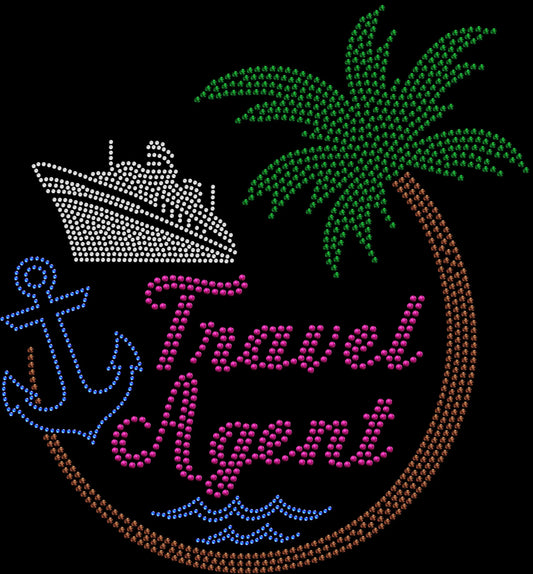 Travel Agent rhinestone shirt featuring sparkling lettering with a cruise ship and tropical palm tree for travel advisors, cruise specialists, vacation planners, agency events, travel conferences and professional travel photos.