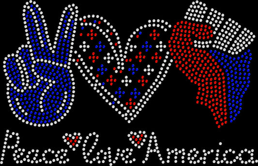 Peace love America patriotic fist rhinestone shirt with sparkling crystal design on a soft unisex tee, patriotic bling shirt for women, USA empowerment apparel with high shine rhinestones