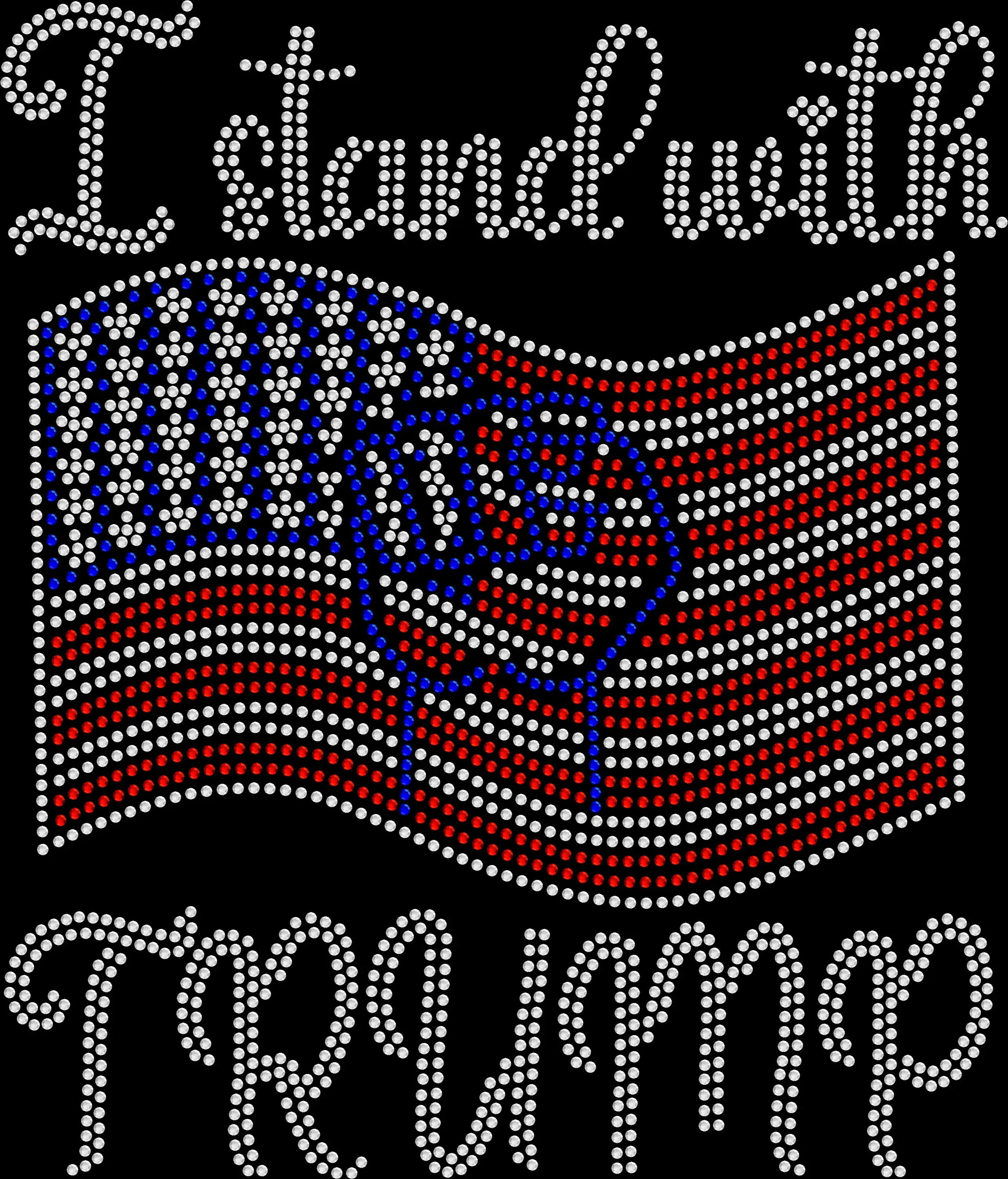 Sparkly rhinestone shirt that says “I Stand With Trump” with a wavy American flag design in red white and blue bling on a soft cotton unisex t-shirt, perfect for patriotic events, rallies, and bold statement outfits.