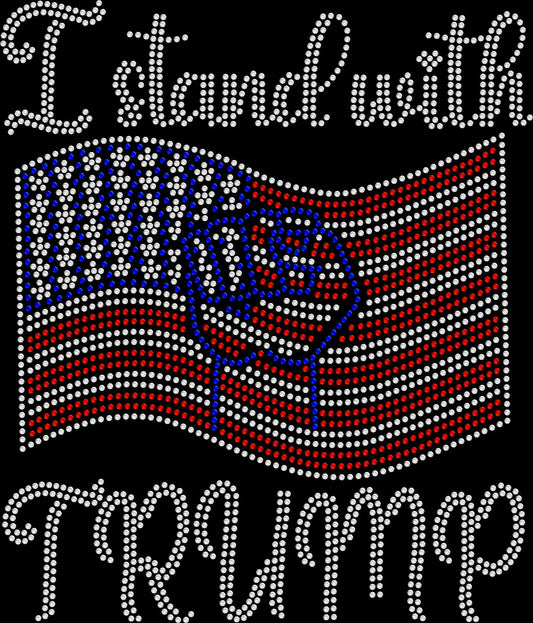 I Stand With TRUMP rhinestone political statement shirt featuring sparkling patriotic USA styling and red, white and blue details for rallies, election-season gatherings, political events and supporter apparel.