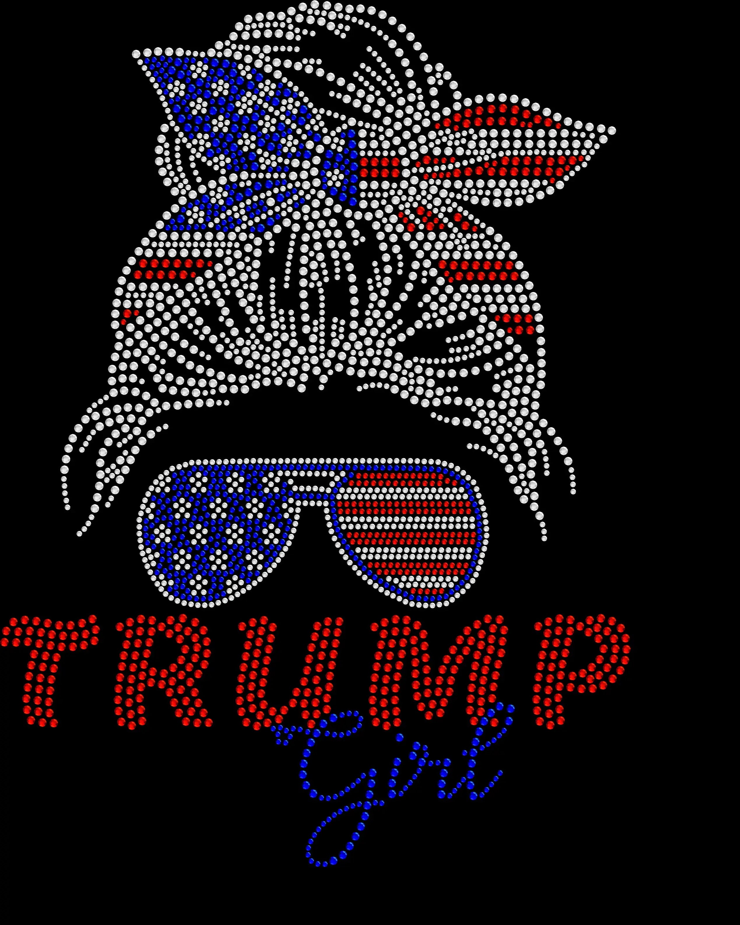 Sparkling rhinestone Trump Girl shirt with American flag bandana design on a black t-shirt, patriotic bling tee for women.