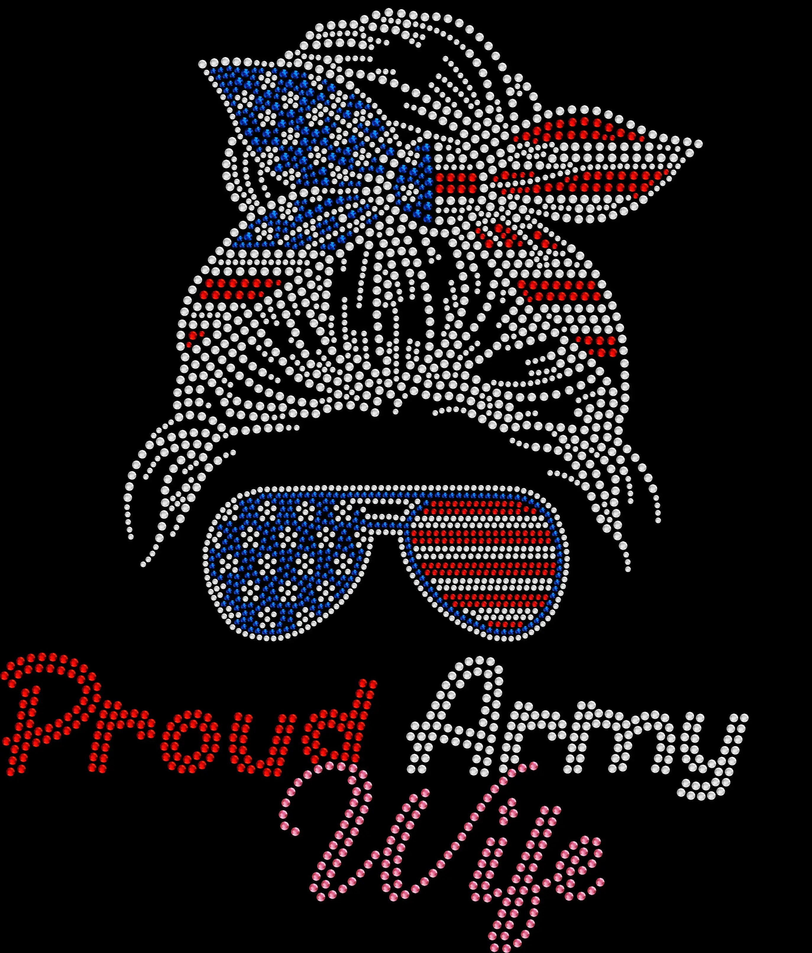 Proud ARMY Wife rhinestone shirt featuring a patriotic USA flag bandana girl design for ARMY spouses, military homecomings, family events, ceremonies, patriotic holidays and military family photos.