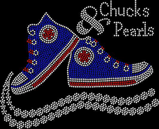 Rhinestone shirt featuring a colorful three-tone low-top sneaker and pearl-inspired design for sneaker lovers, brunches, girls' trips, cruises, casual outings and stylish gifts for women.