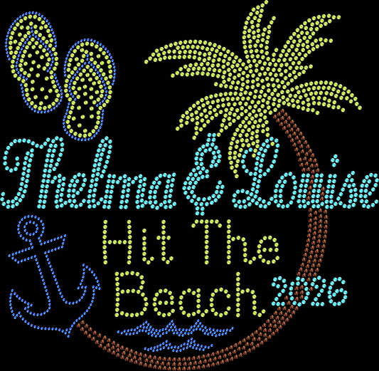 Thelma and Louise Hits the Beach rhinestone shirt featuring sparkling palm tree and sandals design on a soft t-shirt, girls trip beach bling apparel
