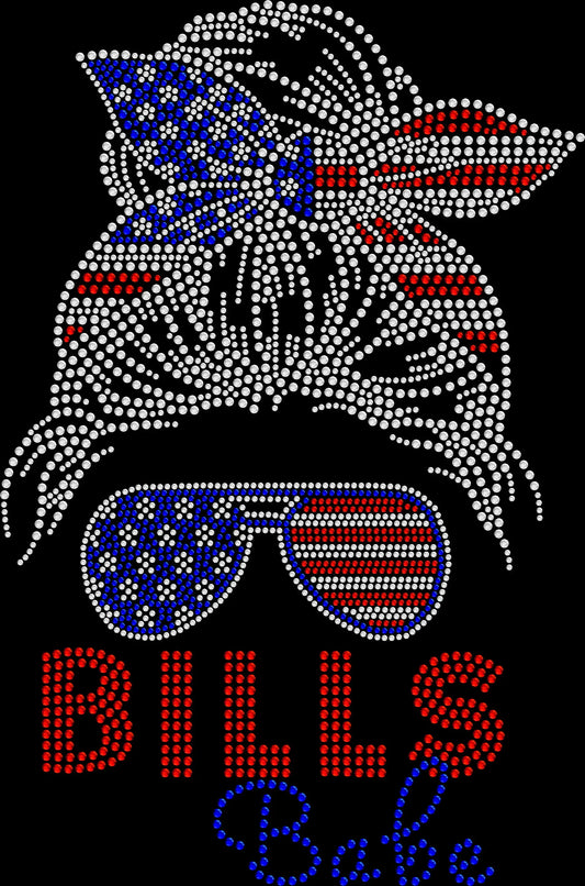 Custom football rhinestone shirt featuring Babe design with bun and sunglasses in team colors, sparkly football fan bling apparel