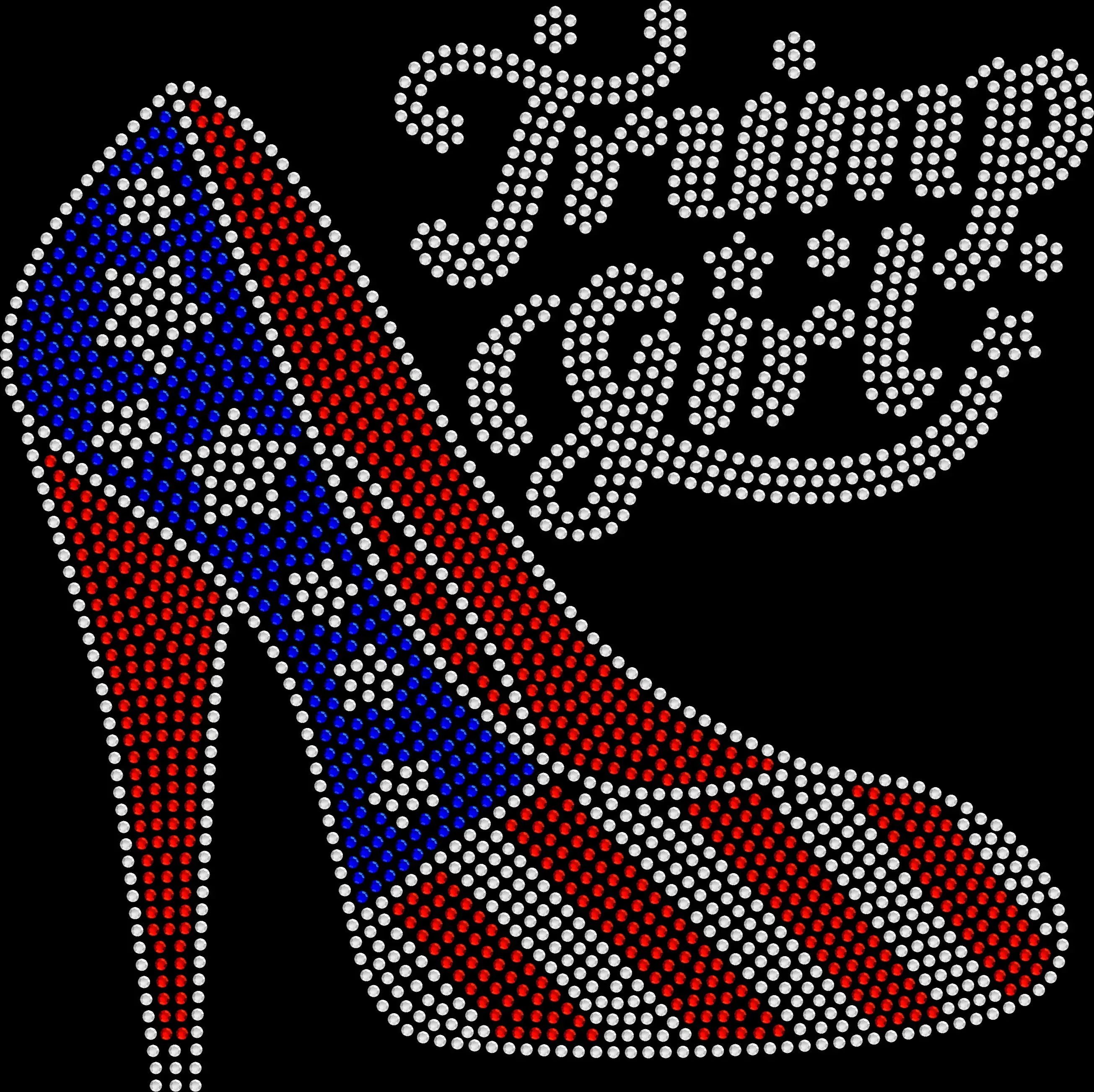 Trump Girl rhinestone shirt featuring a sparkling high heel stiletto in red white and blue on a soft t-shirt, patriotic bling women’s apparel